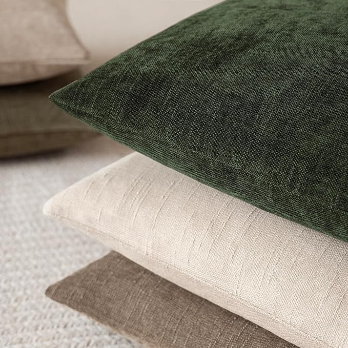 Foindtower Pack of 2 Soft Textured Chenille Throw Decorative Pillow Covers Square Accent Solid Cushion Cover Neutral Farmhouse Pillow Case for Couch Sofa Bedroom Living Room 24x24 Inch,Dark Green