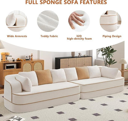 Cloud Sectional Sofa Modern Boneless Couch for Living Room, Comfy Deep Seat Comfy Teddy Fabric Double Sofa Chaise No Assembly Required (White, 135"- 4 Seater)