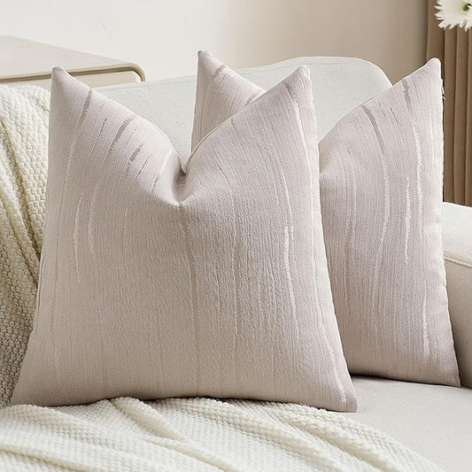 FUTEI Beige Chenille Decorative Throw Pillow Covers 20x20 Inch Set of 2,Soft Embossed Striped Textured Cushion Case,Modern Home Decor for Couch Bed Living Room