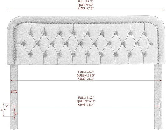 Tufted Upholstered Headboard,Button Solid Wood HeadBoards with Adjustable Height,Modern Performance Velvet Bed Head Boards,Easy Install&Nailhead (Grey, Full)