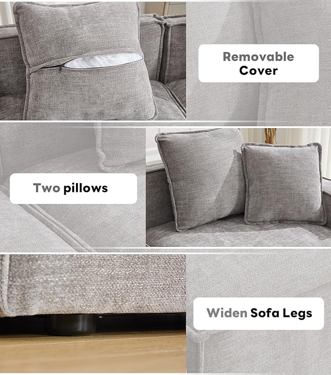 WILLOVE 47'' Single Sofa with Ottoman, Chenille Cloud Couch with Wide Armrests & 3 Pillows, Deep Seat Couches for Living Room, Grey