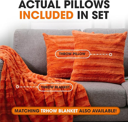 Cheer Collection Fall Decorative Throw Pillows for Couch – Set of 2 Faux Fur Fall Pillows for Couch, Cozy Fall Couch Pillows for Living Room or Bed, Soft, Rust Accent Pillows, 16" x 16"