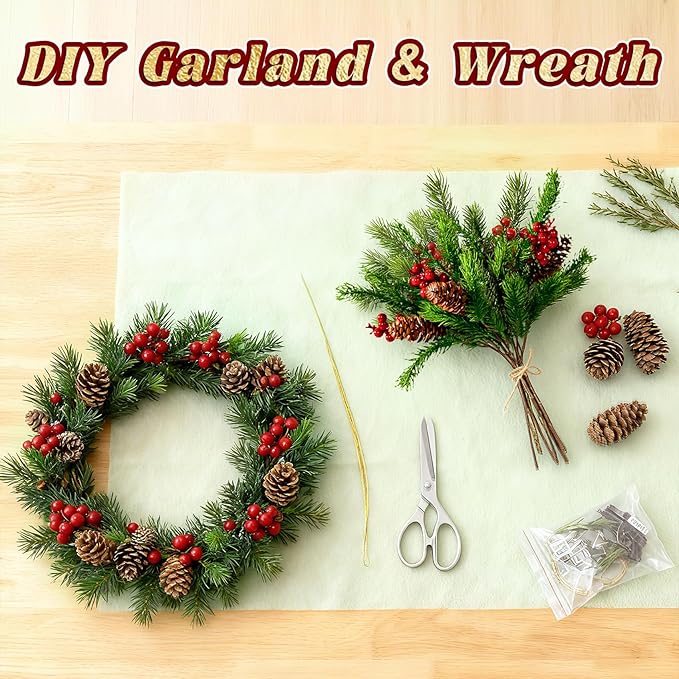 2PCS Christmas Artificial Pine Needles Branches Table Decor with Red Berry Pine Cones Greenery Stems Christmas Artificial Greenery Floral Arrangements for Garland Wreath