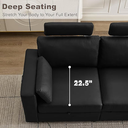 69.7" Loveseat Storage Sofa, Faux Leather Love Seat Couch with Headrest & Pocket, Modular Sectional Cloud 2 Seater Sofas for Living Room Apartment Small Spaces, Oversized Deep Seat Couches, Black