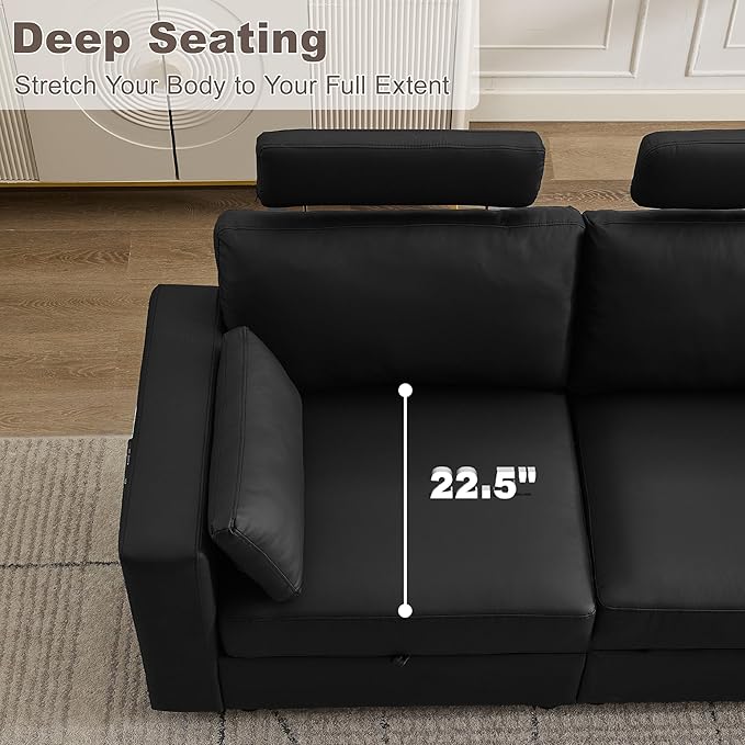 41.1" Accent Sofa Chair with Storage, Faux Leather Living Room Chairs with Headrest and Side Pockets, Mid Century Modern Arm Chair, Upholstered Comfy Single Couch Reading Club Chairs, Black