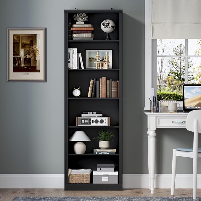 75" Tall Bookshelf, 6-Tier Floor Standing Bookcase with Adjustable Shelves, 24" Wide Open Storage Shelf, Modern Display Organizer for Home Office, Living Room, Bedroom, Study