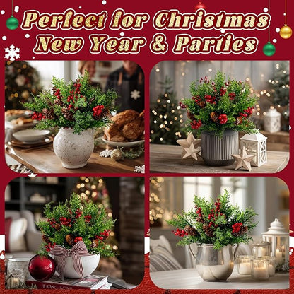 8PCS Artificial Pine Branches with Red Berry Pine Cones Artificial Needles Branches Greenery Stems Fake Greenery Floral Arrangements