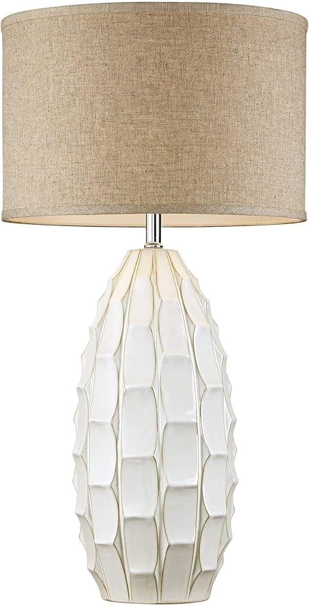 Possini Euro Design Cosgrove Mid Century Modern Coastal Table Lamp 32.75" Tall Ceramic White Handcrafted Beige Fabric Drum Shade Decor for Living Room Bedroom House Bedside Home (Colors May Vary)
