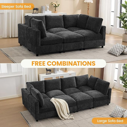 Modular Sectional Cloud Sofa Bed, 6-Seater Convertible Sofa Couch with Ottoman, Modern Deep Seat Sleeper Sofa for Living Room, Chenille Dark Grey