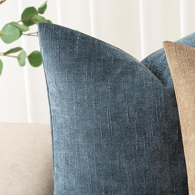 Foindtower Pack of 2 Soft Textured Chenille Throw Decorative Pillow Covers Square Accent Solid Cushion Cover Cozy Neutral Farmhouse Pillow Case for Couch Sofa Bedroom Living Room 20x20 Inch,Blue