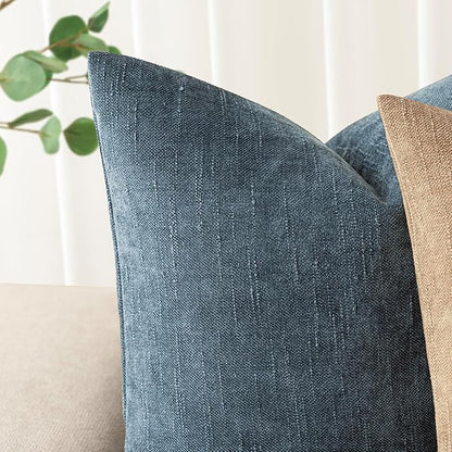 Foindtower Pack of 2 Soft Textured Chenille Throw Decorative Pillow Covers Square Accent Solid Cushion Cover Cozy Neutral Farmhouse Pillow Case for Couch Sofa Bedroom Living Room 22x22 Inch,Blue