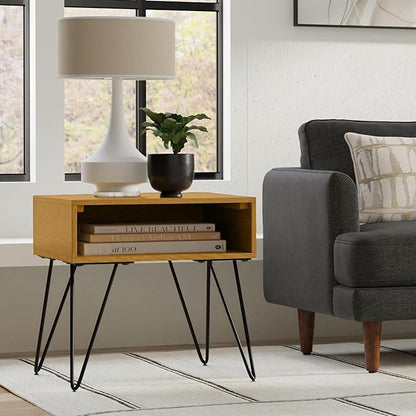 SIMPLIHOME Hunter Industrial 22 inch Wide Metal End Table in Oak Veneer for The Living Room and Bedroom