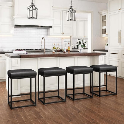 PHI VILLA Black Bar Stools Set of 3, Backless Leather Counter Height Chairs Kitchen Island Stools, 24 inch Barstools
