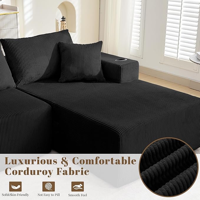 107" Cloud Sectional Couch, Modular Sectional Sofa with L-Shape Chaise, Corduroy Boneless Couch with Deep Seat, Upholstered Sofa for Living Room, No Assembly Required(Right-Facing Chaise, Black)