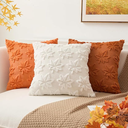 Kevin Textile Maple Leaf Pillow Covers 18x18 Inch Set of 2 Fallen Leaves Embroidery Decor Soft Plush Faux Fur Throw Pillows Pillowcases for Holiday Harvest Decor Sofa Couch Bedroom, Cream White