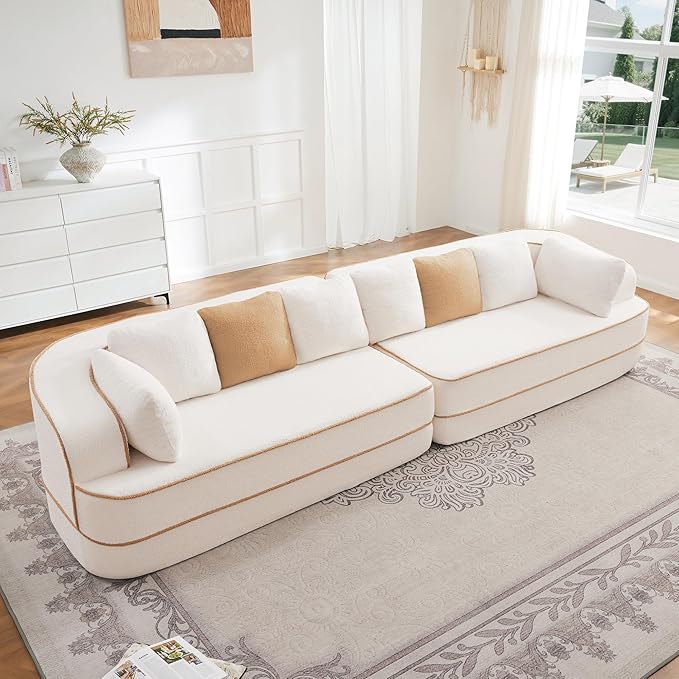 Cloud Sectional Sofa Modern Boneless Couch for Living Room, Comfy Deep Seat Comfy Teddy Fabric Double Sofa Chaise No Assembly Required (White, 135"- 4 Seater)