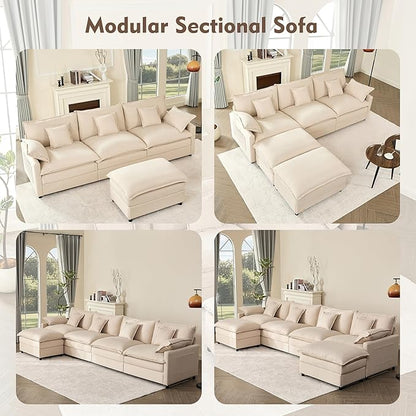142.5" U Shaped Couch, Modular Sectional Sofa, 3-Seater Comfy Cloud Couch with Movable Ottoman, Deep Seat Couches for Living Room, Linen, Beige
