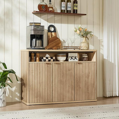 LEYAOYAO Buffet Cabinet with Storage, 45" Wide Fluted Accent Sideboard Credenza with 3 Doors & Open Storage Shelf, Modern Kitchen Wood Media Console Cabinet for Dining Room, Entryway, Natural Oak