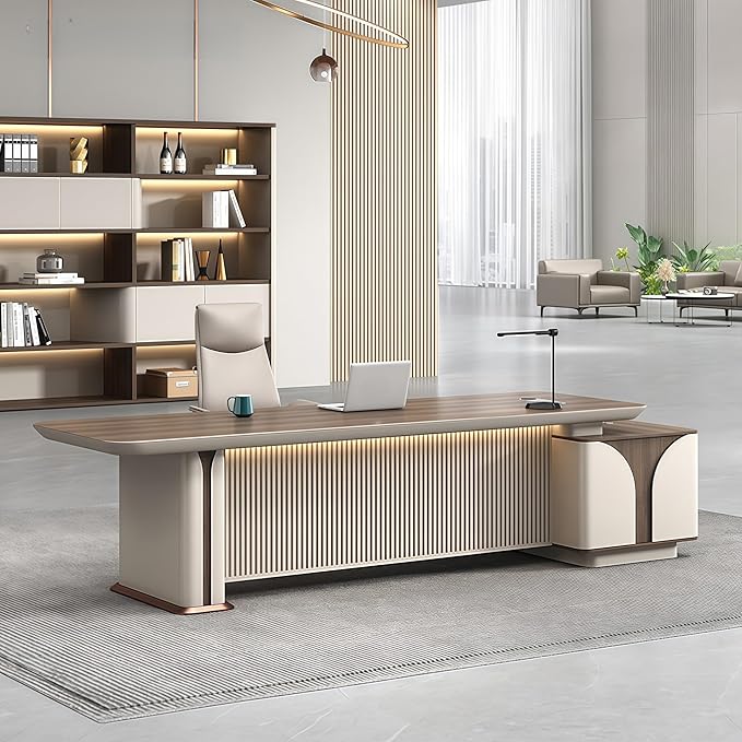 Modern L Shaped Desk, 102.4 inch Large Desk with Storage, Executive Desks for Home Office No Installation Required with Drawers and Lockable
