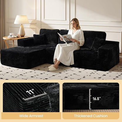 104" Cloud Sectional Couch with Chaise, Boneless L-Shaped Cloud Couch with Deep Seat, Soft Plush Modern Minimalist Sofa, Assembly Free Comfy Sofa for Office Living Room Apartment(Black, Left Chaise)