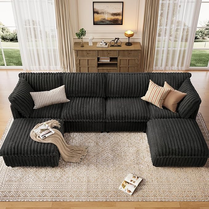 KKL Modular Sectional Couch for Living Room, U Shaped Corduroy Couches with 2 Ottomans, 6 Seater Oversized Sofa Convertible to Sleeper, Soft Fabric Modern Sofa, Black