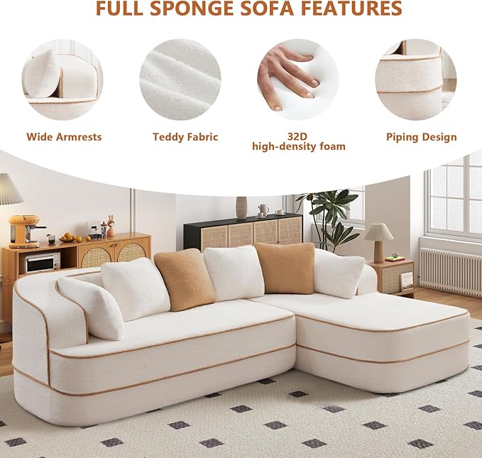 Cloud Sectional Sofa Modern Boneless Couch for Living Room, Comfy Deep Seat Comfy Teddy Fabric Double Sofa Chaise No Assembly Required (White, 106" L Shape with Right Facing)