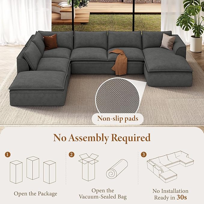 Vesgantti 141.7" Oversized Boneless Sectional Couch, Modern 7 Seater Modular Sofa with Chaise, Deep Seat Convertible Corduroy Cloud Couches for Living Room, No Assembly Required, Dark Gray