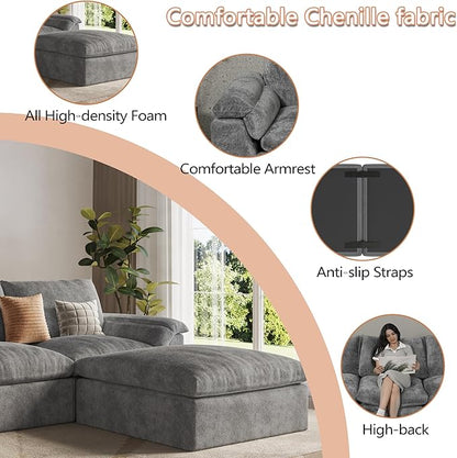 EASE MOOSE Oversized Boneless Couch for Living Room, Sectional Cloud Sofa, Modular Cloud Couch Loveseat, 2-Seater Deep Seat Sofas with Pillow for Bedroom, Apartment, No Assembly, Chenille (Grey)