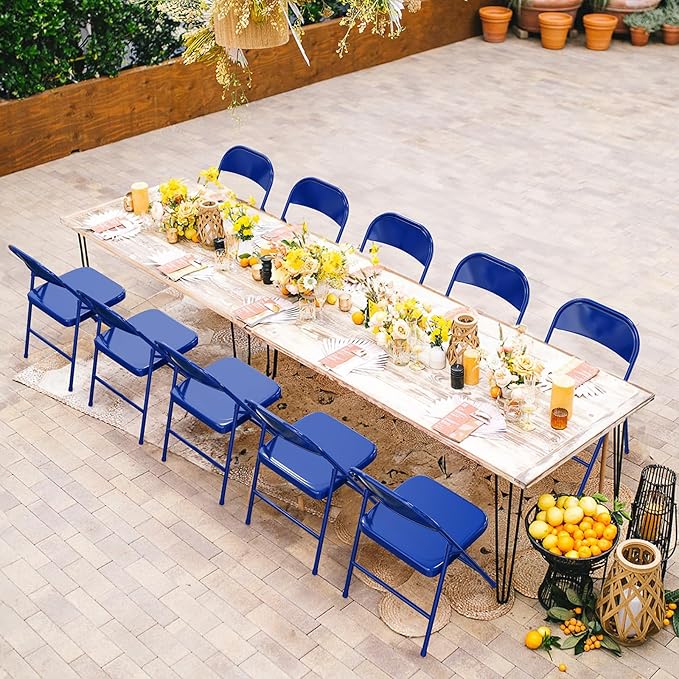 VINGLI Folding Chairs All Steel Metal Frame, Capacity 350 lbs, Durable Portable and Versatile for Indoor Outdoor Use, Navy Blue, Set of 4