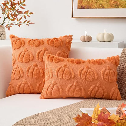 Kevin Textile Fall Pillow Covers 20x20 Inch Set of 2 Soft Pumpkins Decorative Square Pillowcases Plush Autumn Faux Fur Cushions Harvest Gift for Couch Sofa Chair Bedroom Home Decor, Orange