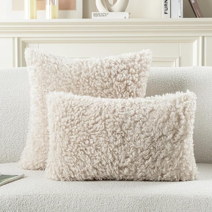 FUTEI Beige Decorative Throw Pillow Covers 22x22 Inch Set of 2,Soft Fluffy Faux Wool Fur Boucle Textured Cushion Case,Modern Home Decor for Couch Bed Living Room Office