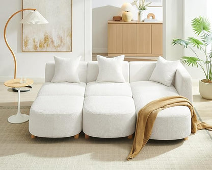 VANOMi 109.84" Modular Sectional Sofa with 3 Pillows, Convertible 5-Seater Comfy Boucle Cloud Couch with Ottoman, Modern Sectional Sofas for Living Room, Office, Apartment (White)