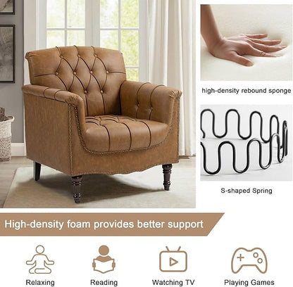 Faux Leather Accent Chairs Set of 4, Upholstered Armchairs with Nailhead Trims & Wood Legs for Living Room, Bedroom, Contemporary Comfy Club Chairs for Office-Camel