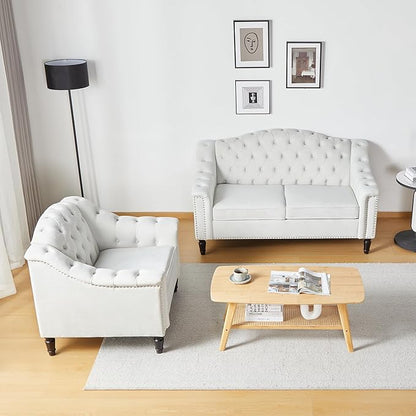 LEVNARY White Velvet Chair for Bedroom, Upholstered Sofa Chair with High Back, Mid-Century Modern Armchair with Solid Wood Legs, Single Couches for Living Room (White)