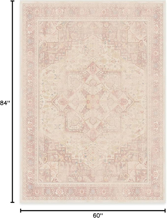 RUGGABLE Washable Area Rug – Kamran Soft Pink 5x7, Stain-Resistant, Non-Slip – Medium Machine Washable Rugs for Living Room, Bedroom, Hallway, Entryway & Office–with Standard Pad