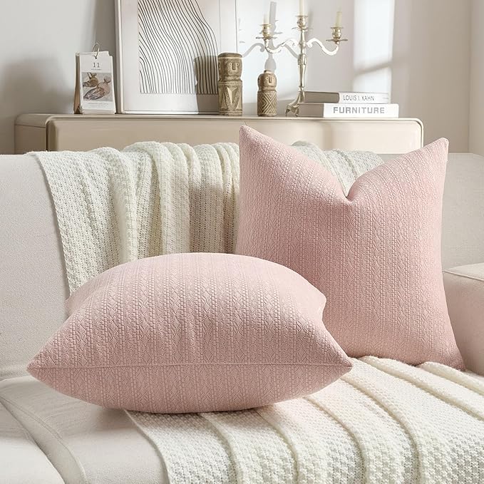 FUTEI Pink Chenille Throw Pillow Covers 12x20 Inch Set of 2,Soft Striped & Diamond Textured Lumbar Pillow Cases,Modern Home Decor for Couch Living Room