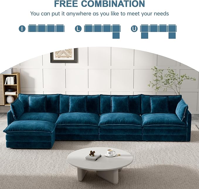 Modular Sectional Sofa, 146.5 Inch L-Shaped Cloud Sofa with Deep Seat Chenille Sofa with Cushions, Four Seater Sectional Sofa for Living Room Apartment,Blue