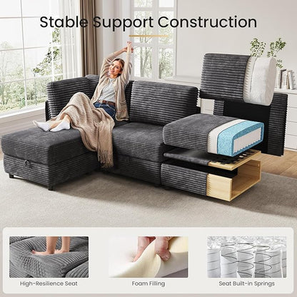 KKL Modular Sectional Sofa L-Shaped 4 Seater Couch with Storage Ottoman, Plush Wide-Wale Corduroy Couch for Living Room, Apartment, Modern Design, Gray