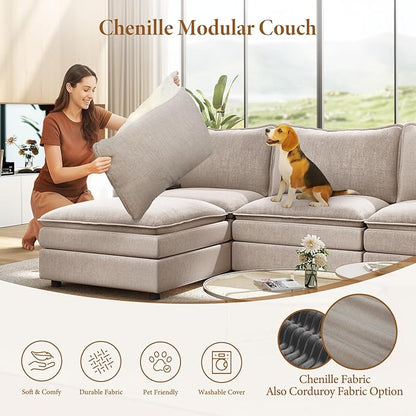 Vesgantti 108" Modular Sectional Sofa, Comfy Cloud Couch with Movable Ottoman Deep Seat Chenille L Shaped Modular Sofa, Sectional Couches for Living Room, Bedroom and Apartment, Light Brown