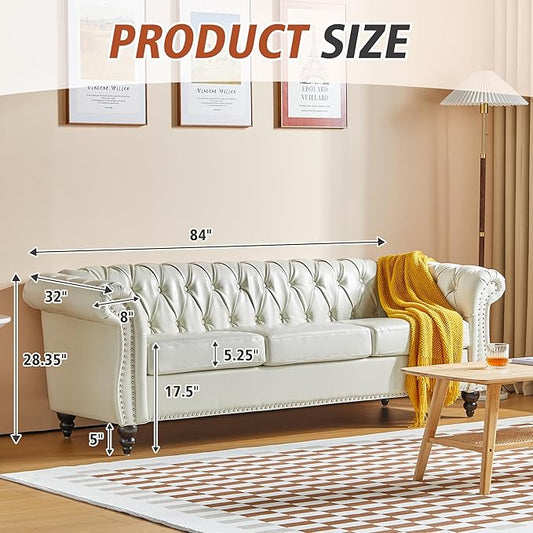 Chesterfield 3 Seater Sofa, Modern Leather Tufted Couch 3 Seater with Rolled Arms and Nailhead Mid-Century Upholstered Couch for Living Room, Bedroom, Apartment and Office, White