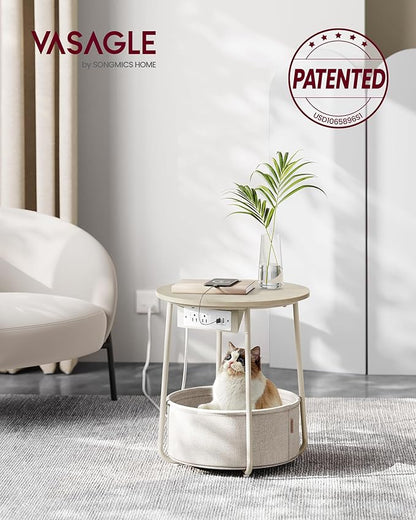 VASAGLE LILEA Collection - Side Table with Charging Station, Round End Table with Fabric Basket, Nightstand with USB Ports, for Living Room, Bedroom, Modern, Cream White ULET228N01