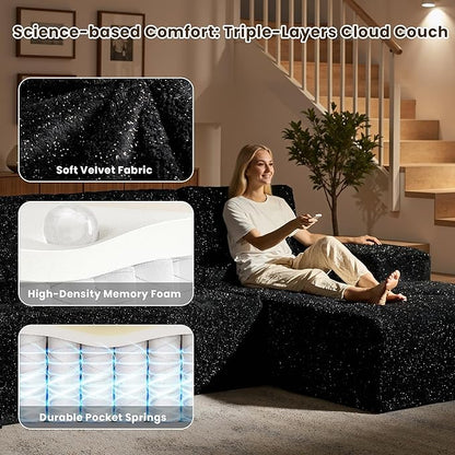114" Glitter Cloud Sectional Couch with L-Shape Chaise & Ottoman, Modern Boneless Couches for Living Room, Fluffy Tufted Deep Seat Modular Sofa No Assembly (Black Sparkly Velvet,Right Facing)