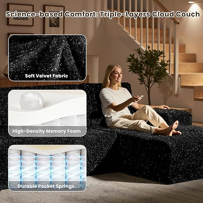 114" Glitter Cloud Sectional Couch with L-Shape Chaise, Modern Boneless Couches for Living Room, Fluffy Tufted Deep Seat Modular Sofa in a Box No Assembly