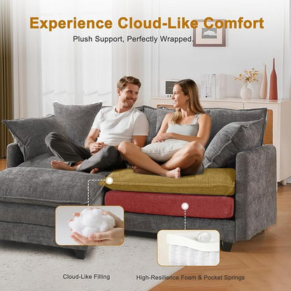 77" Cloud Chenille L-Shaped Sofa with Ottoman | Space-Saving Apartment Couch with 29.1" Deep Seat & Footrest | FSC Certified Solid Wood & Metal Frame | Easy Assembly & 1YR Guarantee