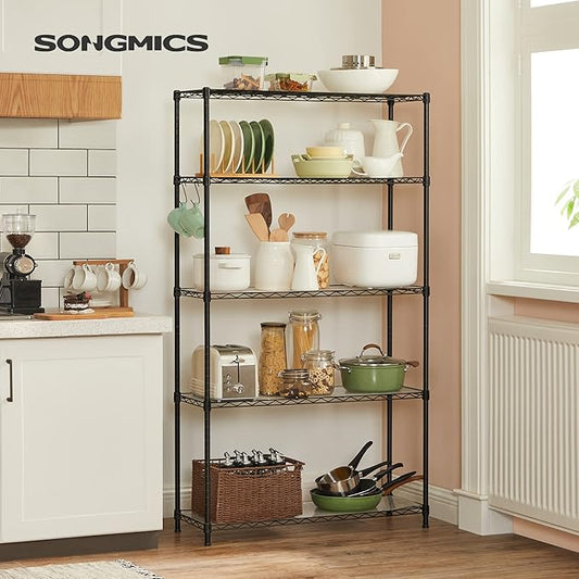 SONGMICS 5-Tier Storage Unit, Wire Shelving, Kitchen Metal Rack With Adjustable Shelves, Shelf Liners, 8 Hooks, for Garage, 11.8 x 35.4 x 63 Inches, Black ULGR095B01