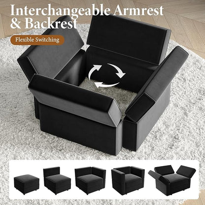 Vesgantti Sectional Couches with Storage Seats, 92" L Shaped Convertible Modular Sectional Sofa, 5 Seat & 1 Ottoman Velvet Storage Chaises Deep Seat Couch for Living Room, Bedroom, Apartment, Black