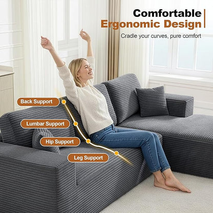 Modular Sectional Cloud Couch for Living Room,Modern Boneless Couche Set with Plush Corduroy,Comfy Floor Sofa with Memory Foam,Stupendous U Shaped Sofa with Chaise,No Assembly Required,Grey