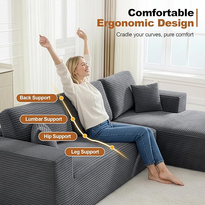 Modular Sectional Cloud Couch for Living Room,Modern Boneless Couche Set with Plush Corduroy,Comfy Floor Sofa with Memory Foam,Stupendous U Shaped Sofa,No Assembly Required,Grey