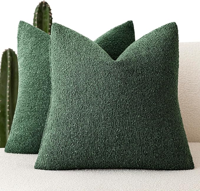 Foindtower Pack of 2, Decorative Textured Boucle Throw Pillow Covers Neutral Accent Solid Pillow Cases Soft Couch Cushion Case for Chair Sofa Bedroom Living Room Home Decor 22x22 Inch Pine Green