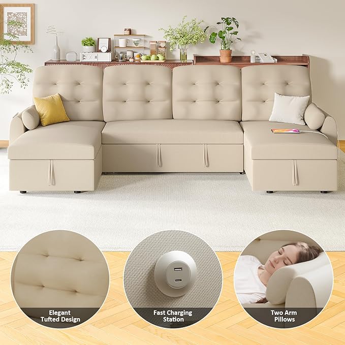 Ucloveria Sleeper Sofa Bed, 112" U Shaped Sectional Sofa Couches for Living Room, Pull Out Couch Bed with Dual Reversible Storage Chaise | Charging Station | Side Pockets | Removable Backrest